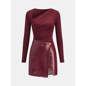 Commense Dress Womens Medium Red Asymmetric Faux Leather Bodycon Wrap Mini Party